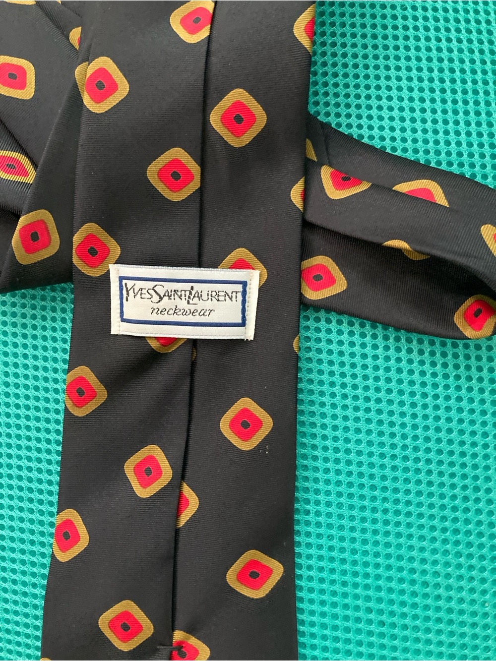 Yves Saint Laurent Black Silk Tie with Red and Gold Geometric Motif